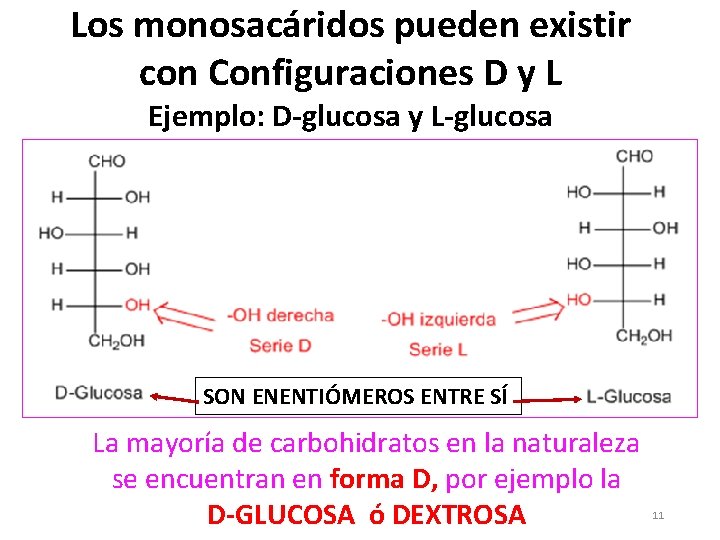 Los monosacáridos pueden existir con Configuraciones D y L Ejemplo: D-glucosa y L-glucosa SON