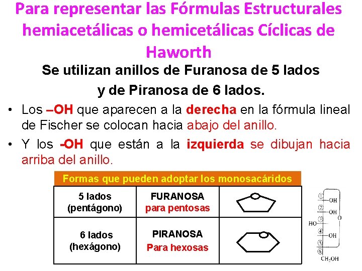 Para representar las Fórmulas Estructurales hemiacetálicas o hemicetálicas Cíclicas de Haworth Se utilizan anillos