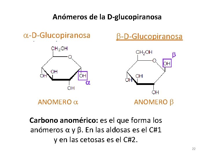 Anómeros de la D-glucopiranosa a-D-Glucopiranosa ANOMERO a b-D-Glucopiranosa ANOMERO b Carbono anomérico: es el