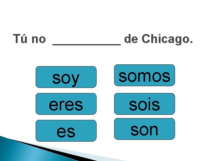 Tú no _____ de Chicago. soy eres es somos sois son 