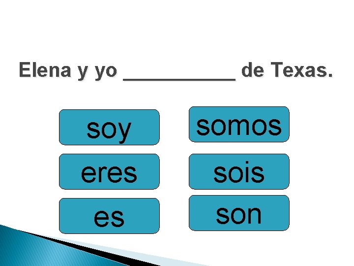 Elena y yo _____ de Texas. soy eres es somos sois son 