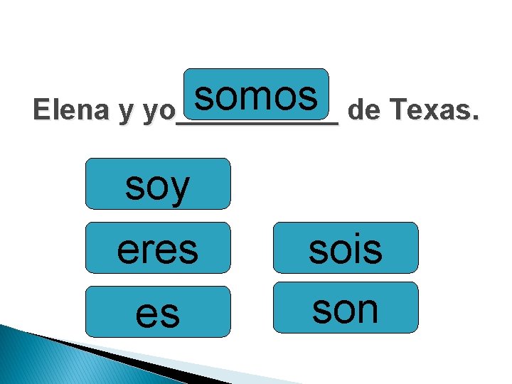 somos Elena y yo_____ de Texas. soy eres es sois son 