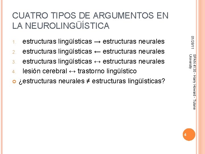 CUATRO TIPOS DE ARGUMENTOS EN LA NEUROLINGÜÍSTICA 01/28/11 estructuras lingüísticas → estructuras neurales 2.