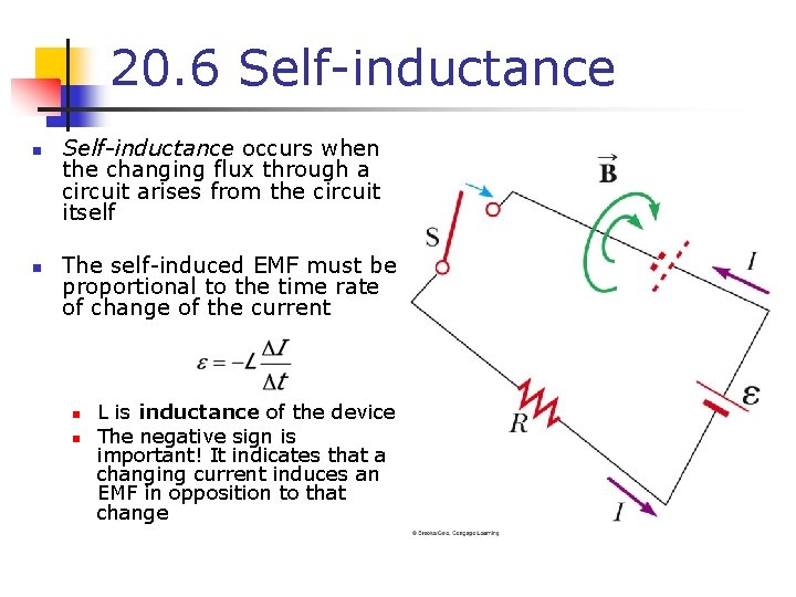 20. 6 Self-inductance n n Self-inductance occurs when the changing flux through a circuit