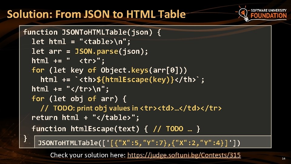 Solution: From JSON to HTML Table function JSONTo. HTMLTable(json) { let html = "<table>n"; Solution: From JSON to HTML Table function JSONTo. HTMLTable(json) { let html = "<table>n";