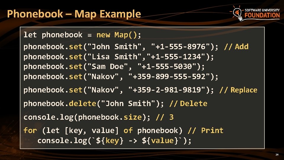 Phonebook – Map Example let phonebook = new Map(); phonebook. set("John Smith", "+1 -555 Phonebook – Map Example let phonebook = new Map(); phonebook. set("John Smith", "+1 -555