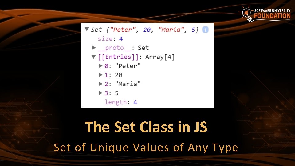 The Set Class in JS Set of Unique Values of Any Type The Set Class in JS Set of Unique Values of Any Type