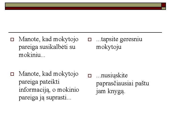 o Manote, kad mokytojo pareiga susikalbėti su mokiniu. . . o Manote, kad mokytojo