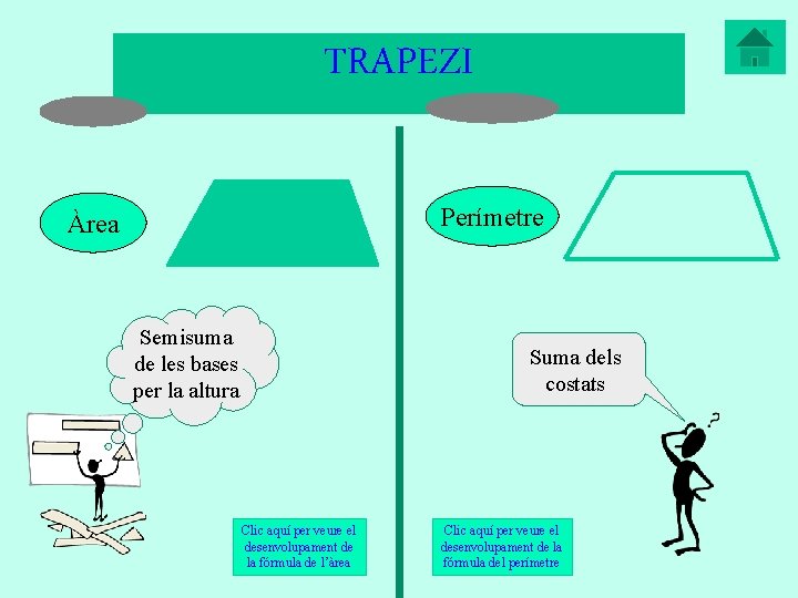 TRAPEZI Perímetre Àrea Semisuma de les bases per la altura Suma dels costats Clic