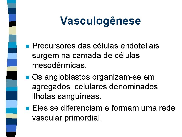 Vasculogênese n n n Precursores das células endoteliais surgem na camada de células mesodérmicas.