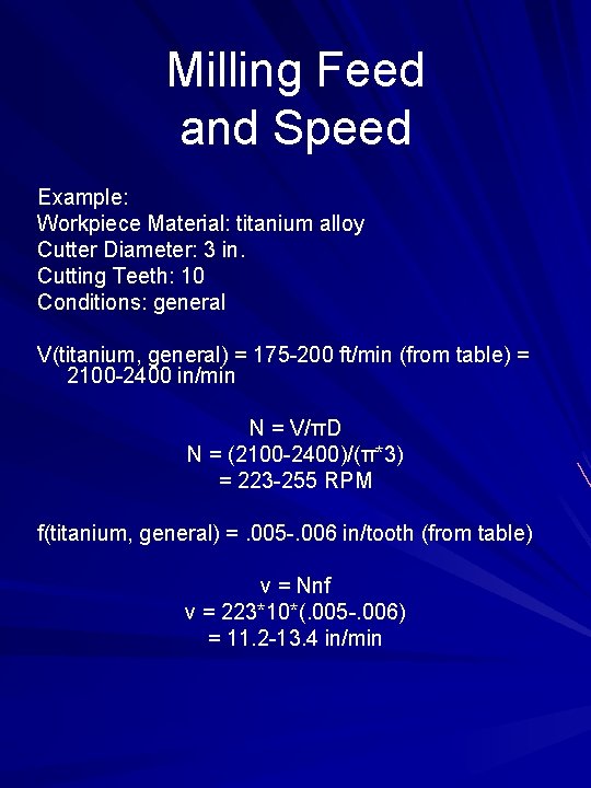 Milling Feed and Speed Example: Workpiece Material: titanium alloy Cutter Diameter: 3 in. Cutting