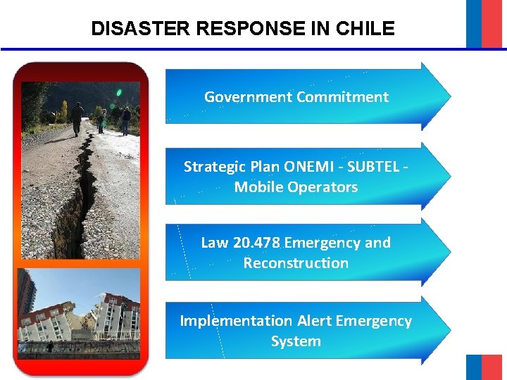 DISASTER RESPONSE IN CHILE Government Commitment Strategic Plan ONEMI - SUBTEL Mobile Operators Law
