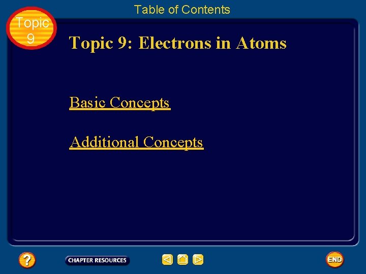Topic 9 Table of Contents Topic 9: Electrons in Atoms Basic Concepts Additional Concepts