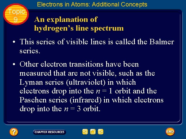 Topic 9 Electrons in Atoms: Additional Concepts An explanation of hydrogen’s line spectrum •