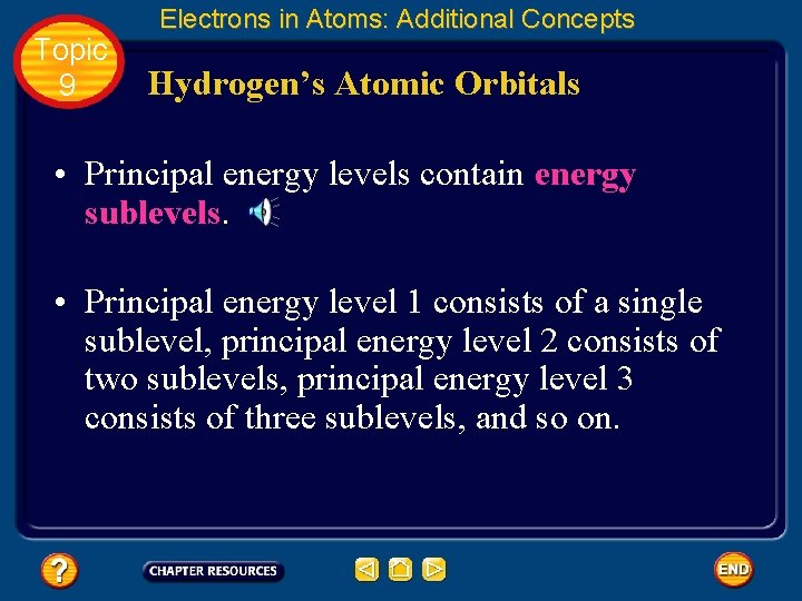 Topic 9 Electrons in Atoms: Additional Concepts Hydrogen’s Atomic Orbitals • Principal energy levels