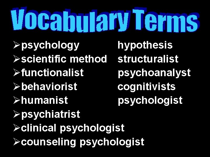 Øpsychology hypothesis Øscientific method structuralist Øfunctionalist psychoanalyst Øbehaviorist cognitivists Øhumanist psychologist Øpsychiatrist Øclinical psychologist