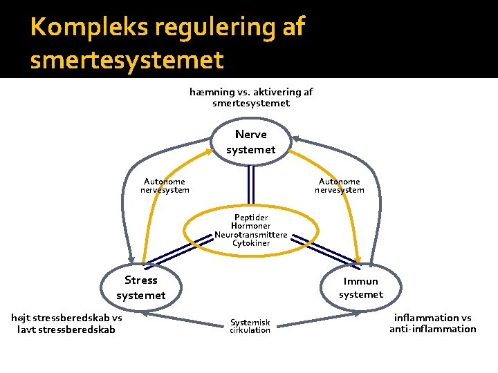 Kompleks regulering af smertesystemet hæmning vs. aktivering af smertesystemet Nerve systemet Autonome nervesystem Peptider