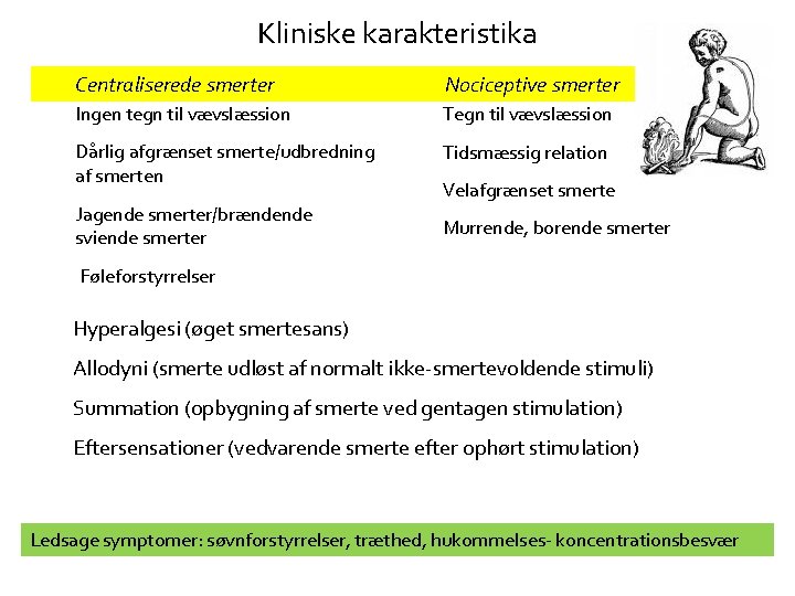 Kliniske karakteristika Centraliserede smerter Nociceptive smerter Ingen tegn til vævslæssion Tegn til vævslæssion Dårlig
