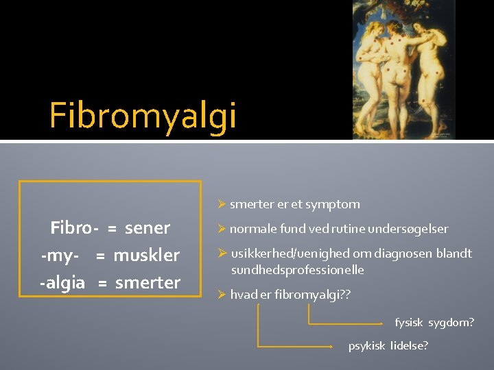 Fibromyalgi Ø smerter er et symptom Fibro- = sener -my- = muskler -algia =