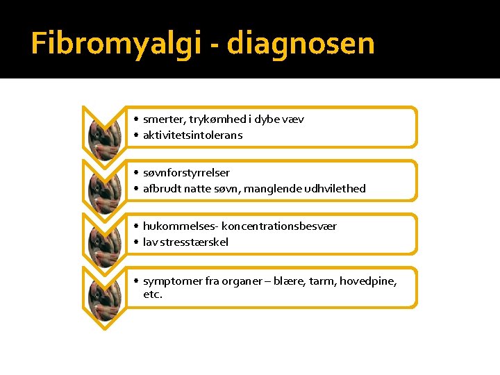 Fibromyalgi - diagnosen • smerter, trykømhed i dybe væv • aktivitetsintolerans • søvnforstyrrelser •