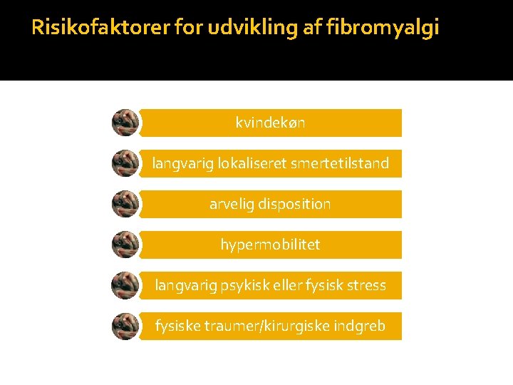 Risikofaktorer for udvikling af fibromyalgi kvindekøn langvarig lokaliseret smertetilstand arvelig disposition hypermobilitet langvarig psykisk