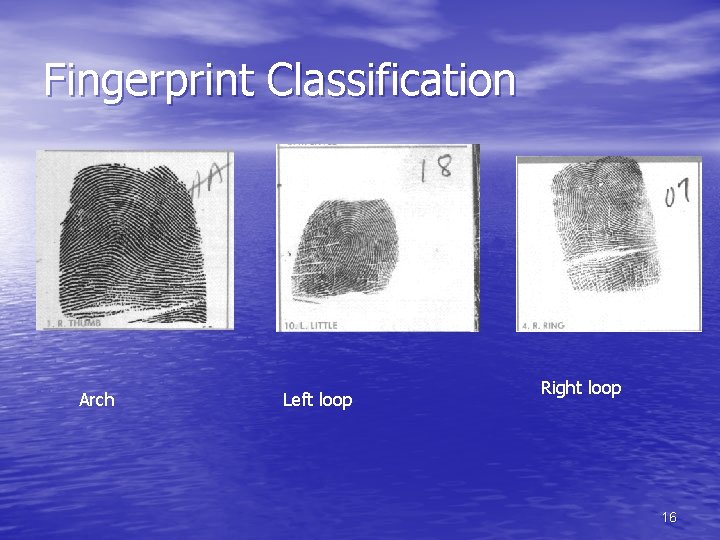 Fingerprint Classification Arch Left loop Right loop 16 Fingerprint Classification Arch Left loop Right loop 16