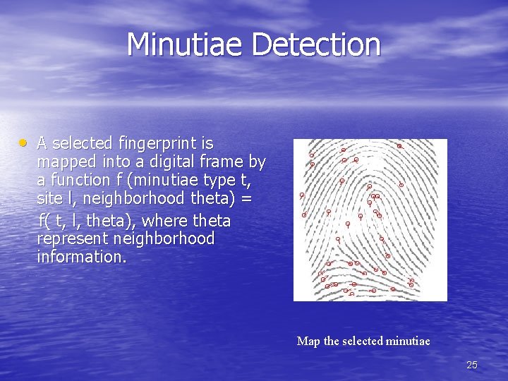Minutiae Detection • A selected fingerprint is mapped into a digital frame by a