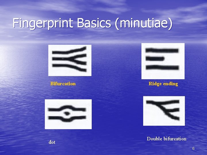 Fingerprint Basics (minutiae) Bifurcation dot Ridge ending Double bifurcation 6 Fingerprint Basics (minutiae) Bifurcation dot Ridge ending Double bifurcation 6