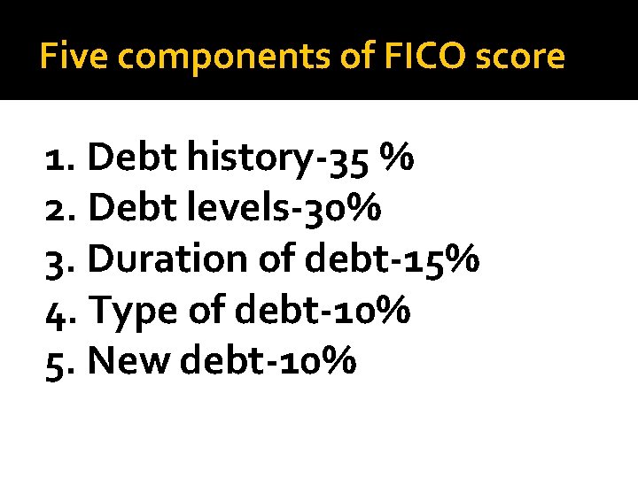 Five components of FICO score 1. Debt history-35 % 2. Debt levels-30% 3. Duration