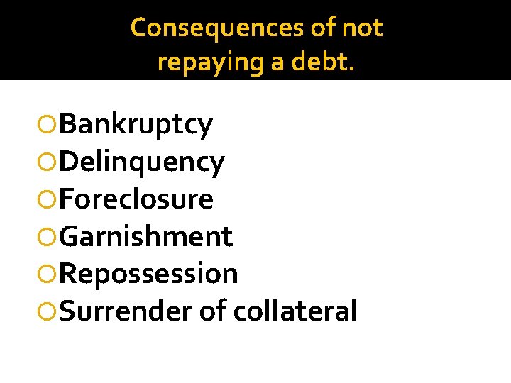 Consequences of not repaying a debt. Bankruptcy Delinquency Foreclosure Garnishment Repossession Surrender of collateral