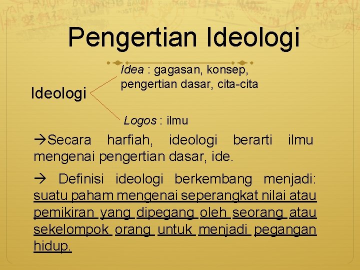 Pengertian Ideologi Idea : gagasan, konsep, pengertian dasar, cita-cita Logos : ilmu Secara harfiah,