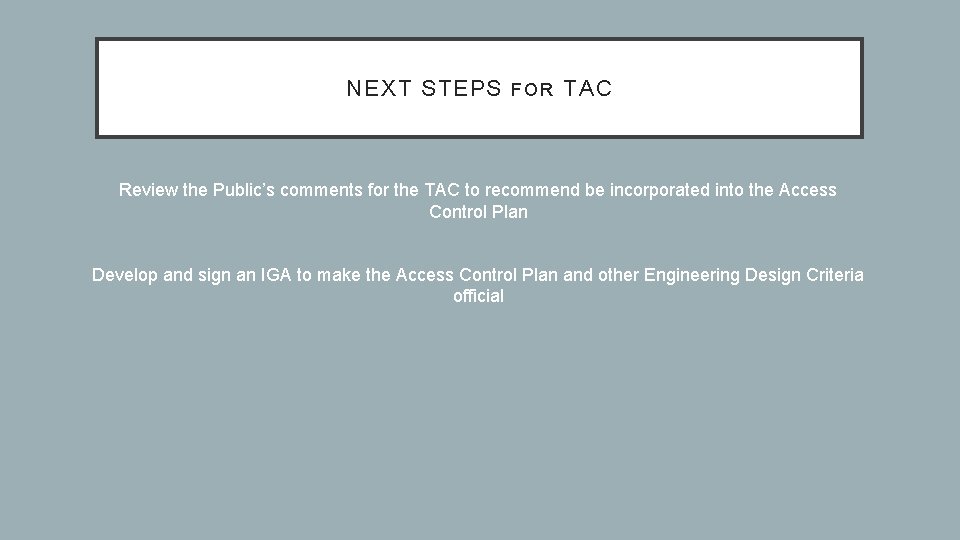 NEXT STEPS F O R TAC Review the Public’s comments for the TAC to