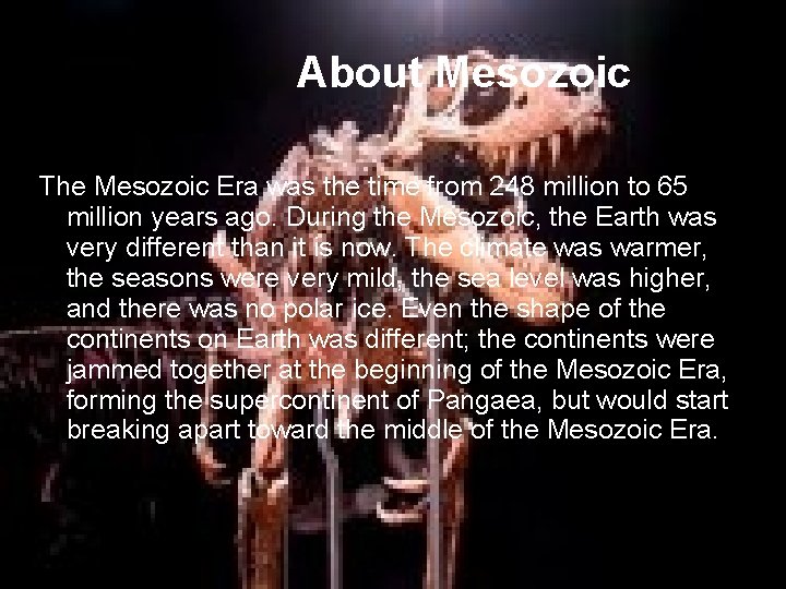 About Mesozoic The Mesozoic Era was the time from 248 million to 65 million