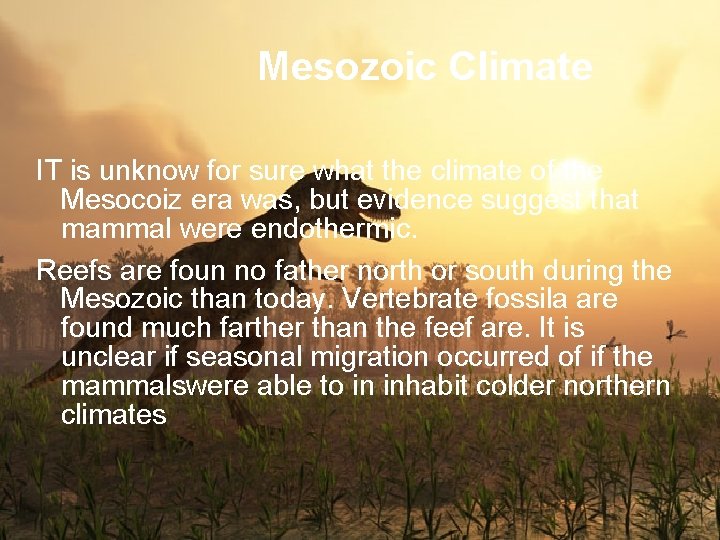 Mesozoic Climate IT is unknow for sure what the climate of the Mesocoiz era