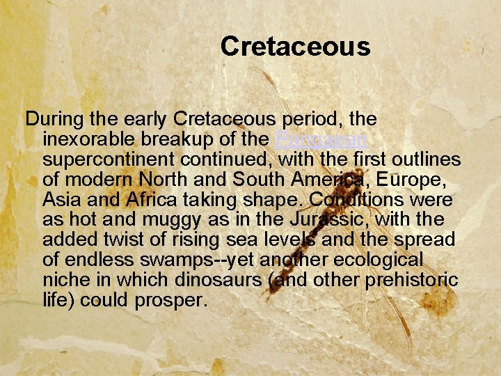 Cretaceous During the early Cretaceous period, the inexorable breakup of the Pangaean supercontinent continued,