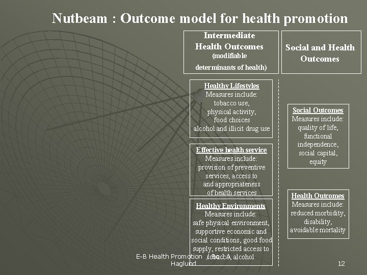 Nutbeam : Outcome model for health promotion Intermediate Health Outcomes (modifiable determinants of health)