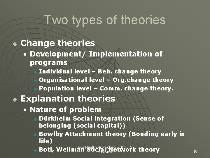 Two types of theories u Change theories • Development/ Implementation of programs Individual level