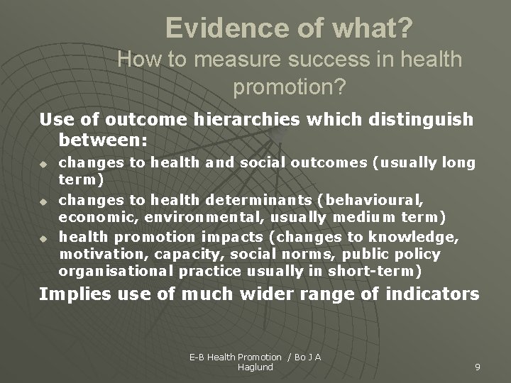 Evidence of what? How to measure success in health promotion? Use of outcome hierarchies