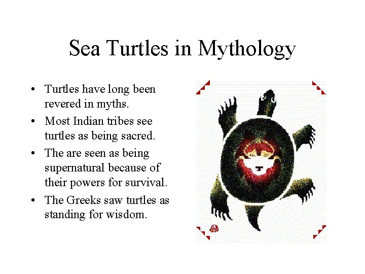 Sea Turtles in Mythology • Turtles have long been revered in myths. • Most