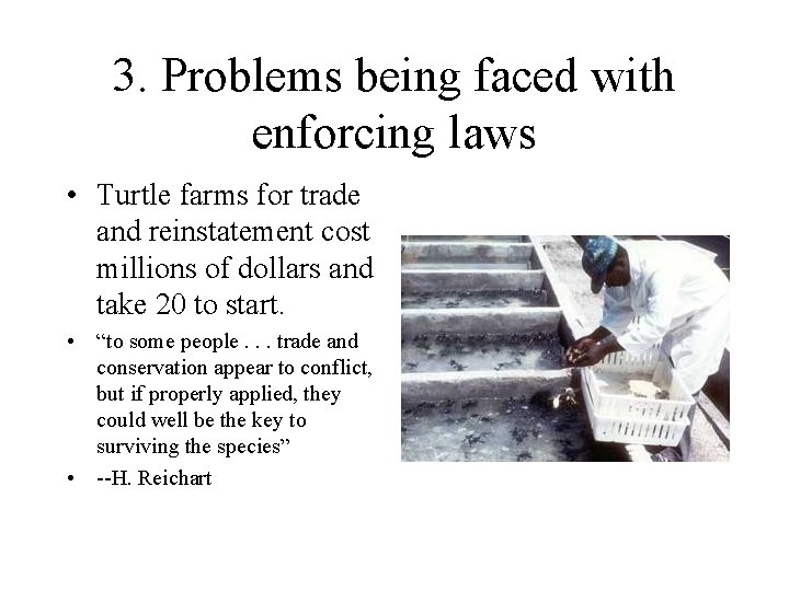 3. Problems being faced with enforcing laws • Turtle farms for trade and reinstatement