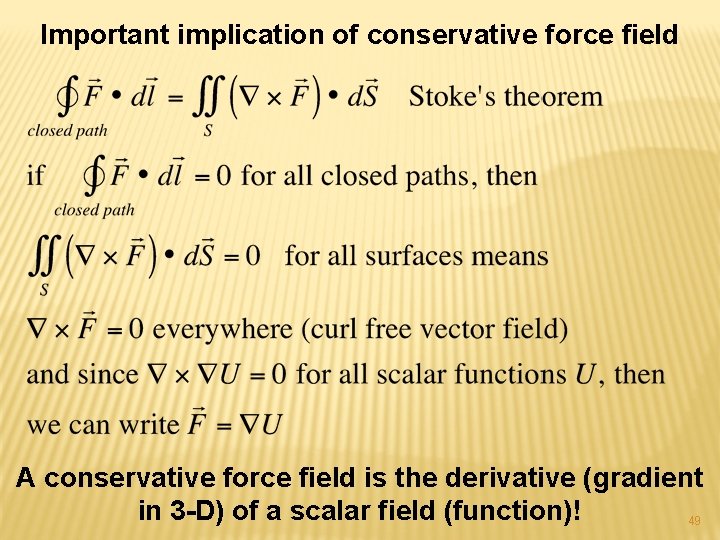 Important implication of conservative force field A conservative force field is the derivative (gradient