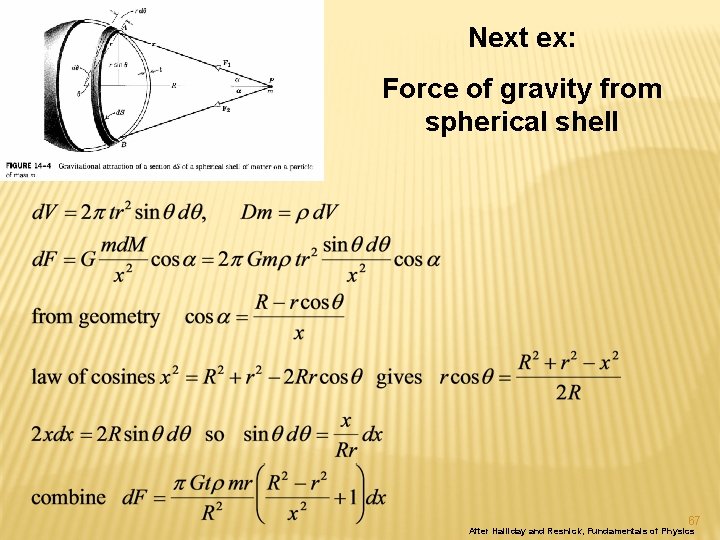 Next ex: Force of gravity from spherical shell 67 After Halliday and Resnick, Fundamentals