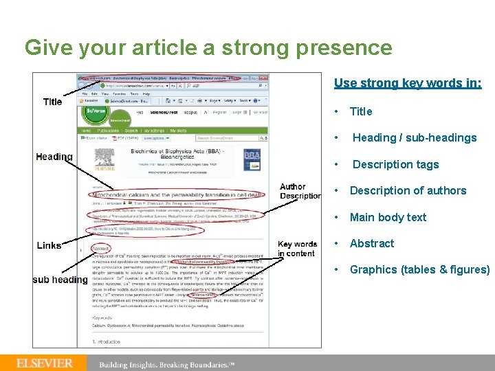 Give your article a strong presence Use strong key words in: • Title •