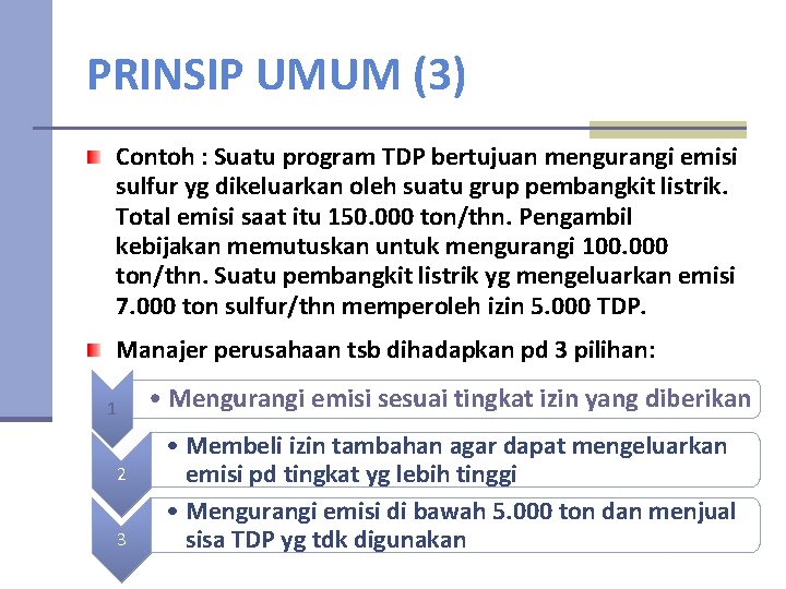 PRINSIP UMUM (3) Contoh : Suatu program TDP bertujuan mengurangi emisi sulfur yg dikeluarkan
