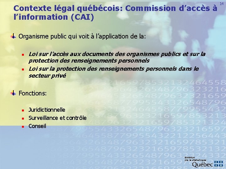 Contexte légal québécois: Commission d’accès à l’information (CAI) Organisme public qui voit à l’application