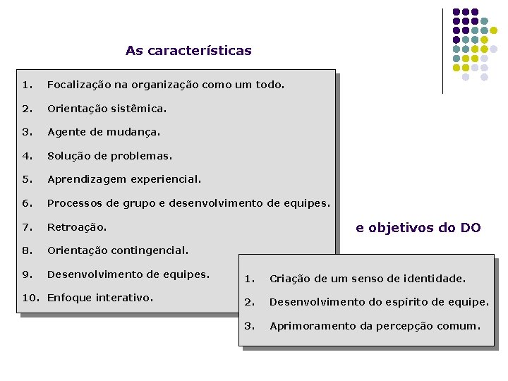 As características 1. Focalização na organização como um todo. 2. Orientação sistêmica. 3. Agente