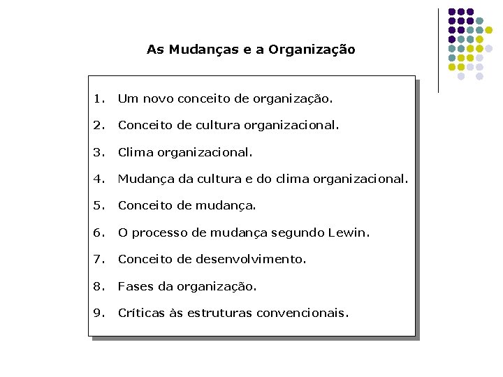 As Mudanças e a Organização 1. Um novo conceito de organização. 2. Conceito de