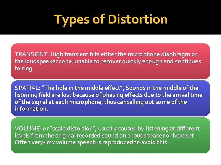 Types of Distortion TRANSIENT: High transient hits either the microphone diaphragm or the loudspeaker