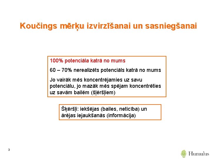 Koučings mērķu izvirzīšanai un sasniegšanai 100% potenciāla katrā no mums 60 – 70% nerealizēts