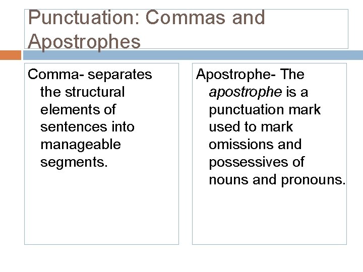 Punctuation: Commas and Apostrophes Comma- separates the structural elements of sentences into manageable segments.